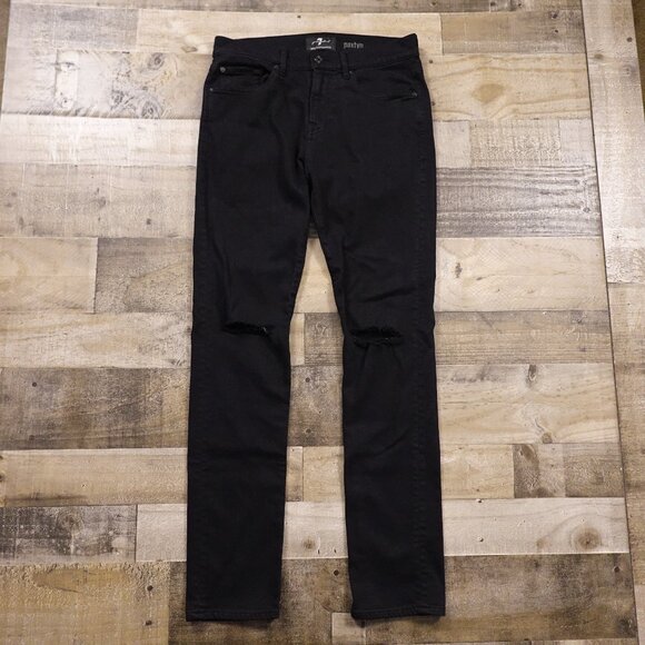 7 For All Mankind Paxtyn Skinny Performance Jeans Men’s 31 Black Distressed Knee - Picture 1 of 14